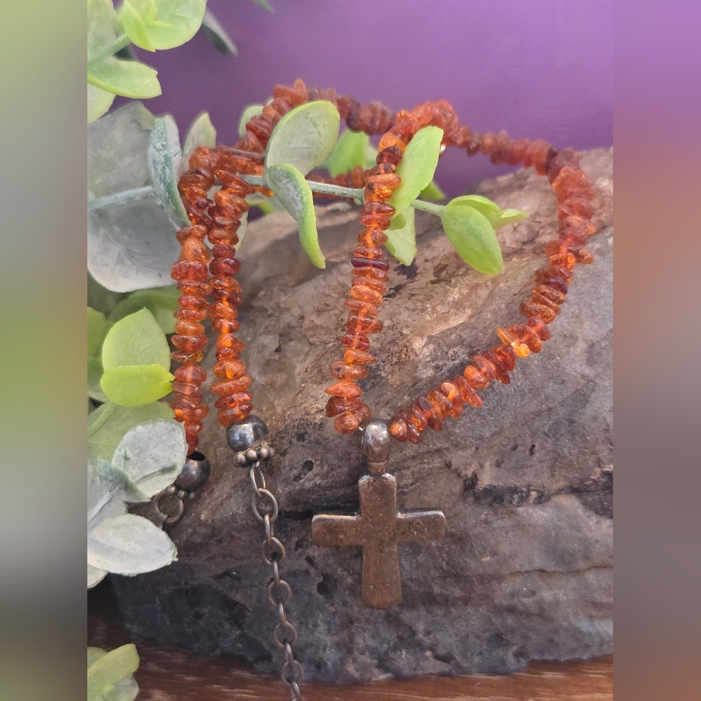 Vintage Genuine Amber Sterling Silver Cross Necklace